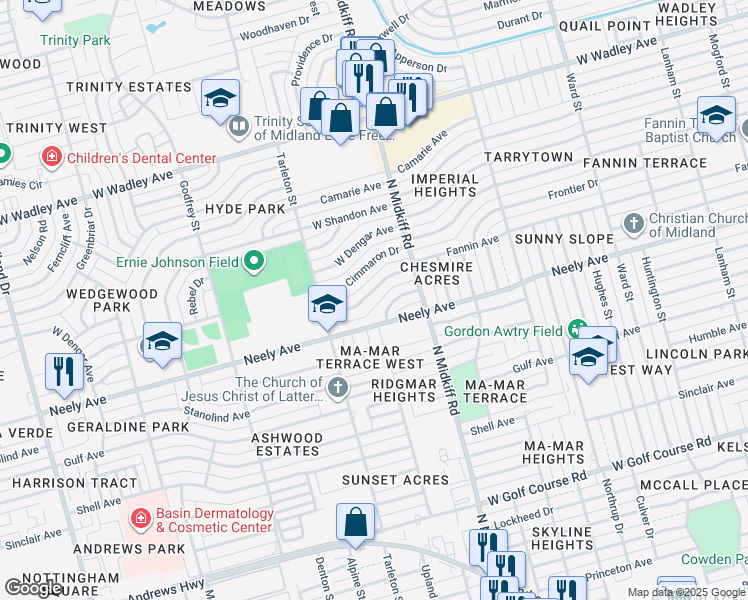 map of restaurants, bars, coffee shops, grocery stores, and more near 3312 Terrace Avenue in Midland