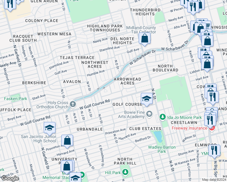 map of restaurants, bars, coffee shops, grocery stores, and more near 3 Ashlin Drive in Midland