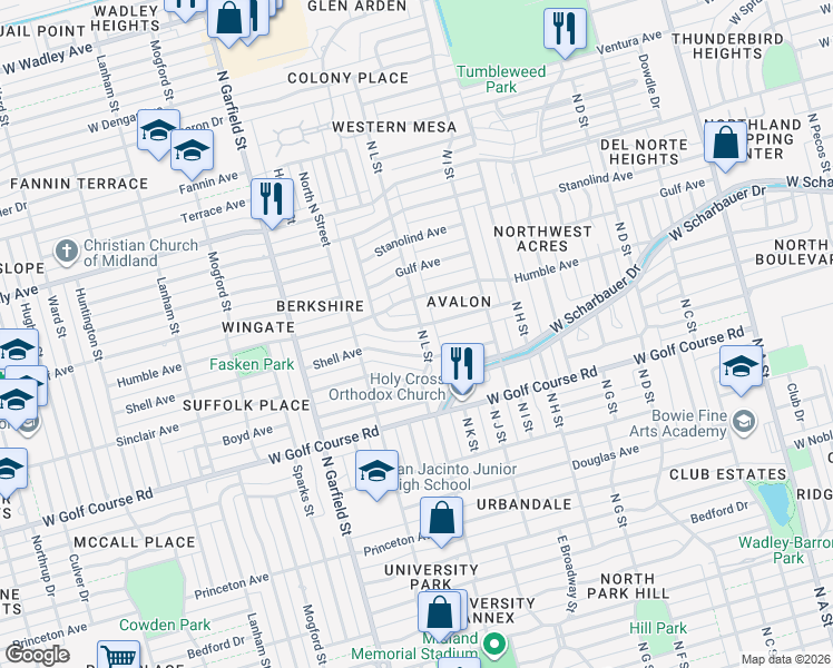 map of restaurants, bars, coffee shops, grocery stores, and more near 2001 Winfield Road in Midland