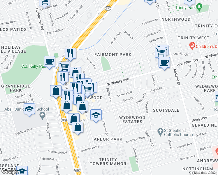 map of restaurants, bars, coffee shops, grocery stores, and more near 3232 Whittle Way in Midland