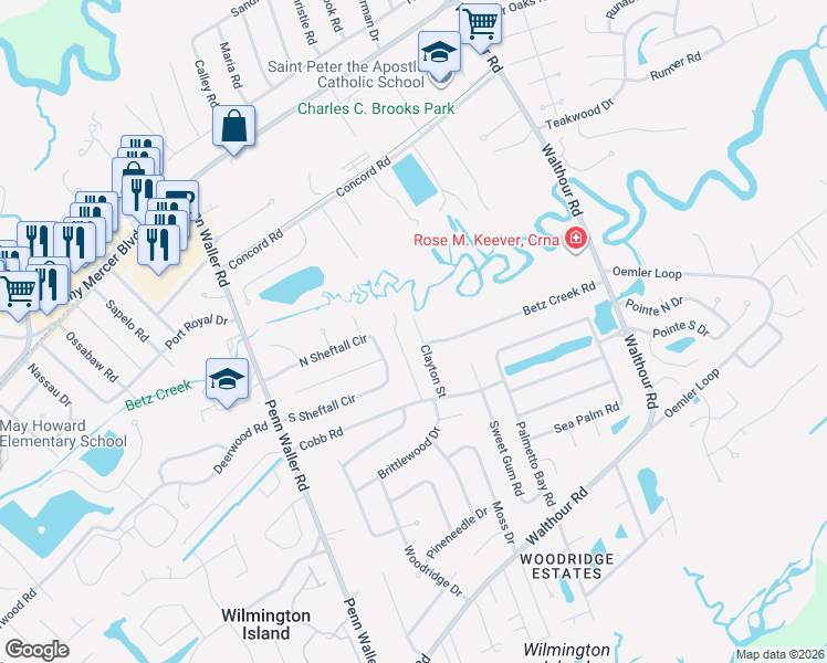map of restaurants, bars, coffee shops, grocery stores, and more near 414 Clayton Street in Wilmington Island
