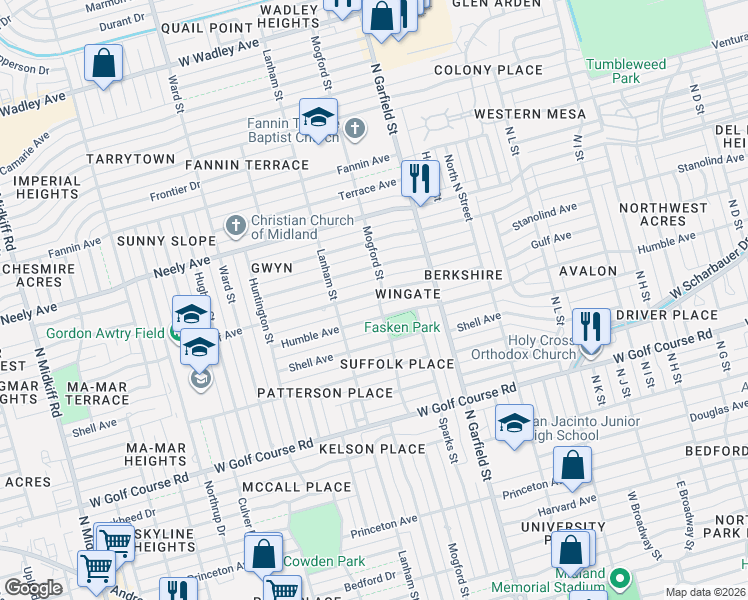 map of restaurants, bars, coffee shops, grocery stores, and more near 2403 Gulf Avenue in Midland