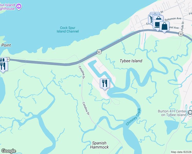map of restaurants, bars, coffee shops, grocery stores, and more near 30 Estill Hammock Road in Tybee Island
