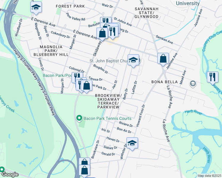 map of restaurants, bars, coffee shops, grocery stores, and more near 5616 Jan Street in Savannah