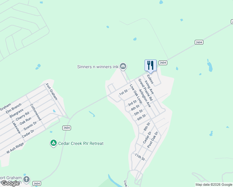 map of restaurants, bars, coffee shops, grocery stores, and more near 414 Farm to Market Road 2604 in Whitney