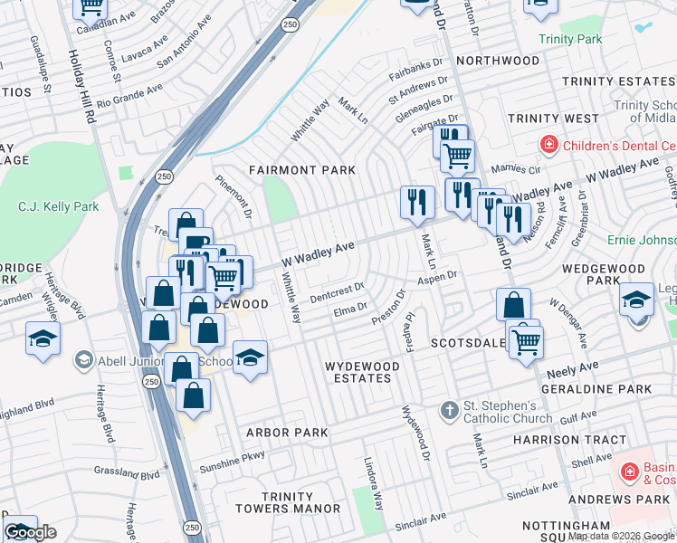 map of restaurants, bars, coffee shops, grocery stores, and more near 4715 West Wadley Avenue in Midland
