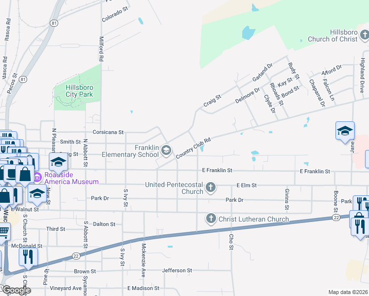 map of restaurants, bars, coffee shops, grocery stores, and more near 209 Country Club Road in Hillsboro