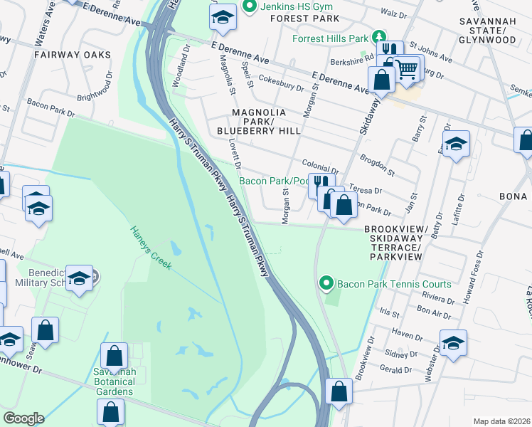 map of restaurants, bars, coffee shops, grocery stores, and more near 1908 Bona Bella Avenue in Savannah
