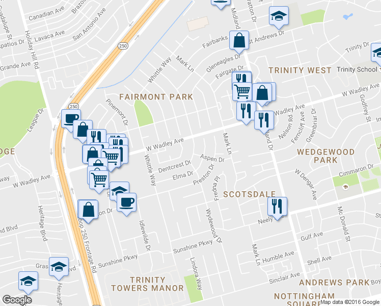 map of restaurants, bars, coffee shops, grocery stores, and more near 3102 Dentcrest Drive in Midland