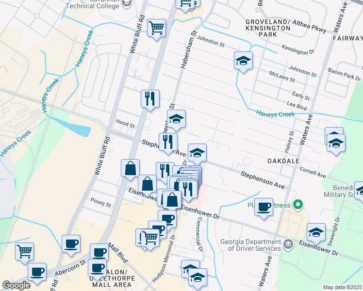 map of restaurants, bars, coffee shops, grocery stores, and more near 230 Stephenson Avenue in Savannah