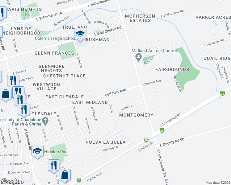 map of restaurants, bars, coffee shops, grocery stores, and more near Cuthbert Avenue in Midland