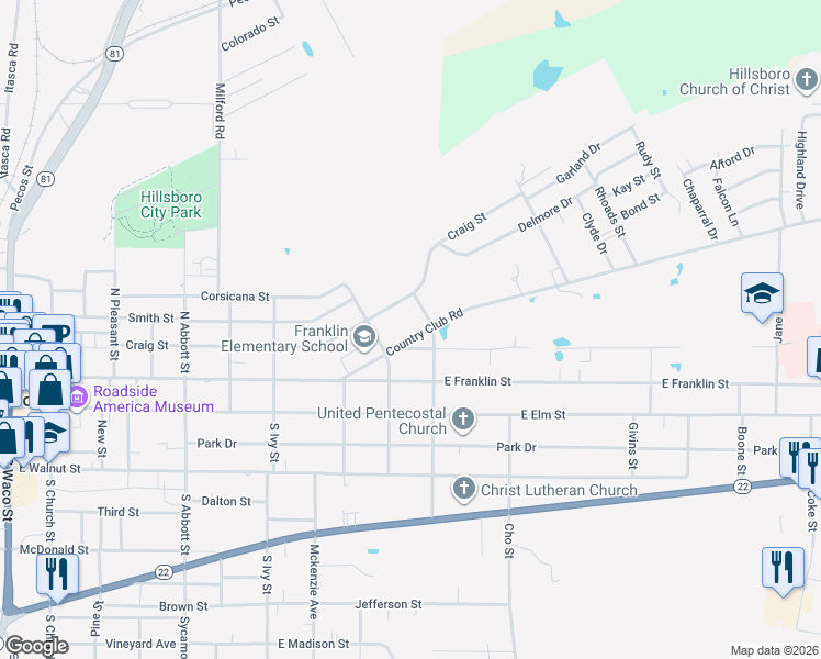 map of restaurants, bars, coffee shops, grocery stores, and more near 209 Country Club Road in Hillsboro