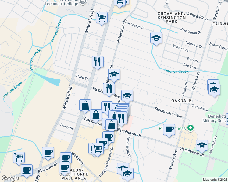 map of restaurants, bars, coffee shops, grocery stores, and more near 230 Stephenson Avenue in Savannah