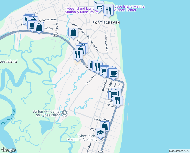 map of restaurants, bars, coffee shops, grocery stores, and more near 602 1st Street in Tybee Island