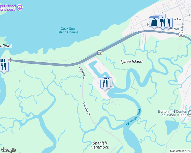 map of restaurants, bars, coffee shops, grocery stores, and more near 30 Estill Hammock Road in Tybee Island