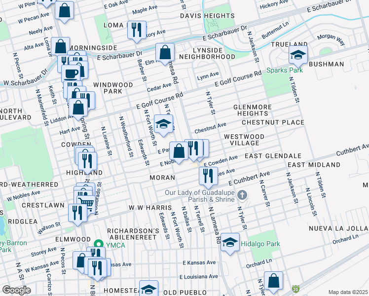 map of restaurants, bars, coffee shops, grocery stores, and more near 508 East Parker Avenue in Midland