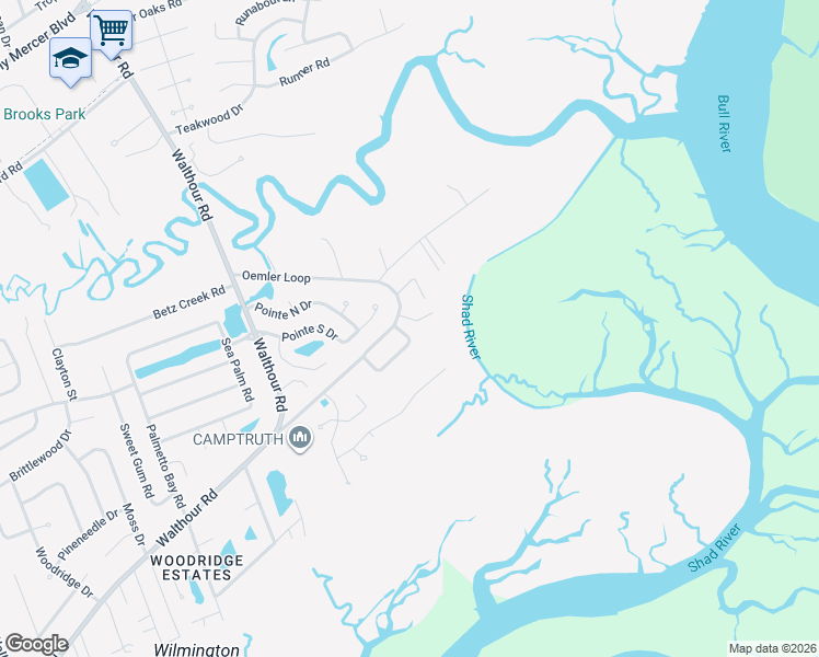 map of restaurants, bars, coffee shops, grocery stores, and more near 106 Sweet Bailey Cove in Wilmington Island