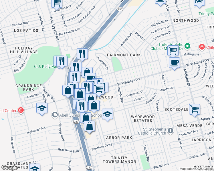 map of restaurants, bars, coffee shops, grocery stores, and more near 3300 Rosemont Drive in Midland