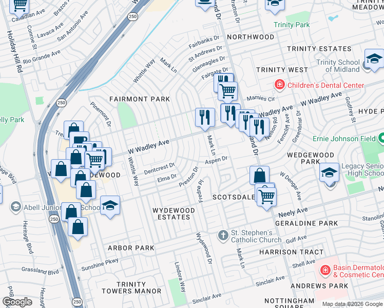 map of restaurants, bars, coffee shops, grocery stores, and more near 3201 Preston Drive in Midland