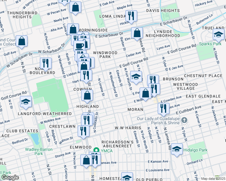 map of restaurants, bars, coffee shops, grocery stores, and more near 1505 North Weatherford Street in Midland