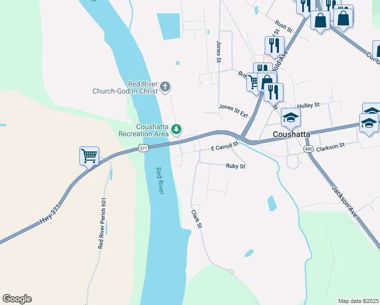 map of restaurants, bars, coffee shops, grocery stores, and more near West Carroll Street in Coushatta
