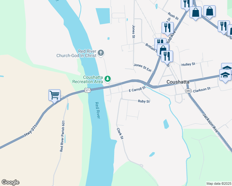 map of restaurants, bars, coffee shops, grocery stores, and more near West Carroll Street in Coushatta