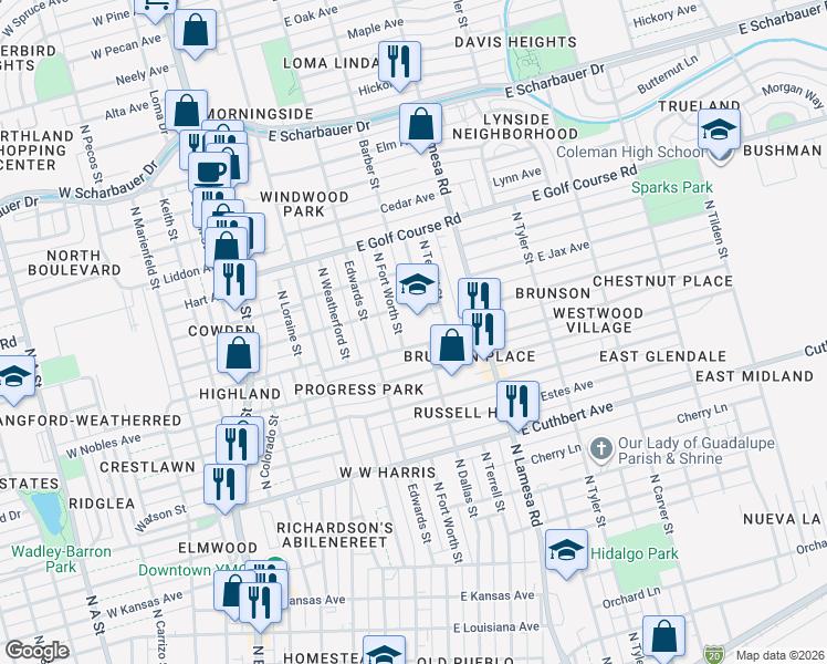 map of restaurants, bars, coffee shops, grocery stores, and more near 401 East Parker Avenue in Midland