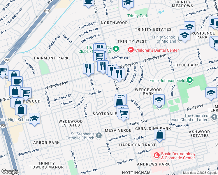 map of restaurants, bars, coffee shops, grocery stores, and more near 3001 Midland Drive in Midland