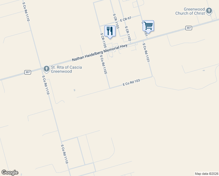 map of restaurants, bars, coffee shops, grocery stores, and more near East Co Road 103 in Midland
