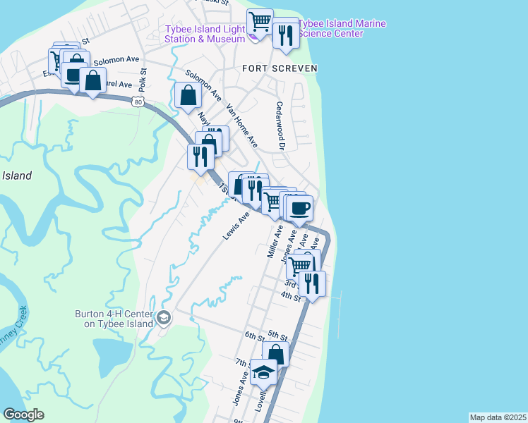 map of restaurants, bars, coffee shops, grocery stores, and more near 602 1st Street in Tybee Island