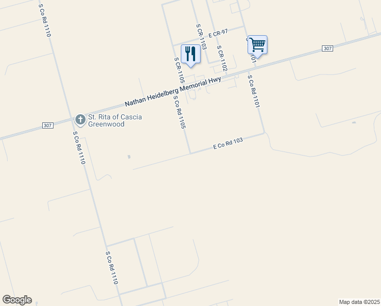 map of restaurants, bars, coffee shops, grocery stores, and more near East Co Road 103 in Midland