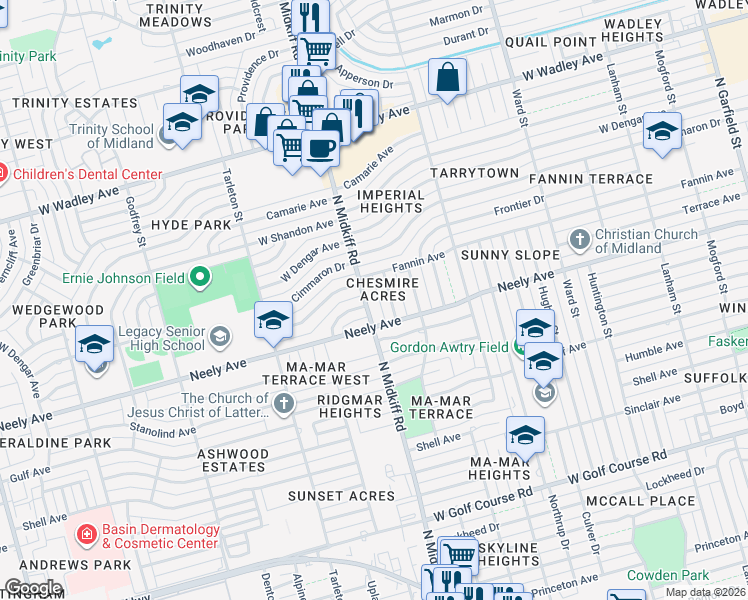 map of restaurants, bars, coffee shops, grocery stores, and more near 3300 Neely Avenue in Midland