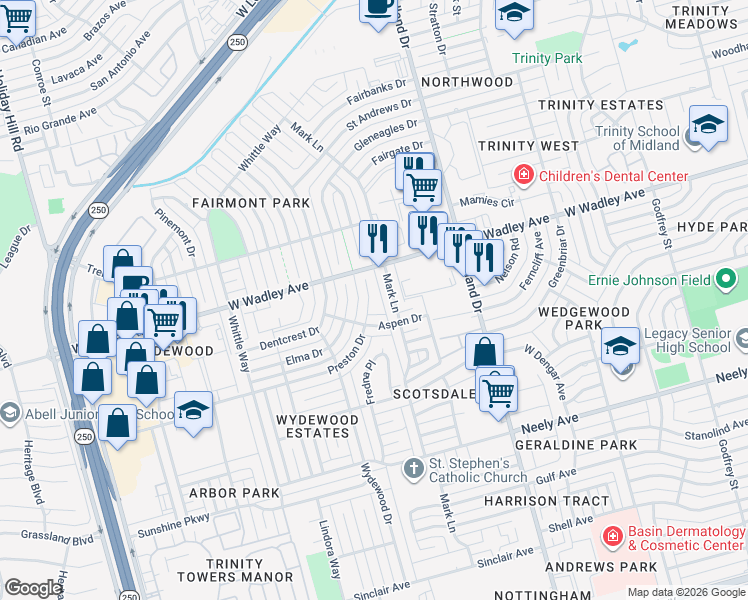 map of restaurants, bars, coffee shops, grocery stores, and more near 3237 Preston Drive in Midland