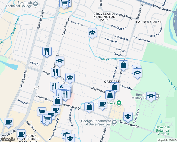 map of restaurants, bars, coffee shops, grocery stores, and more near 406 Megan Court in Savannah