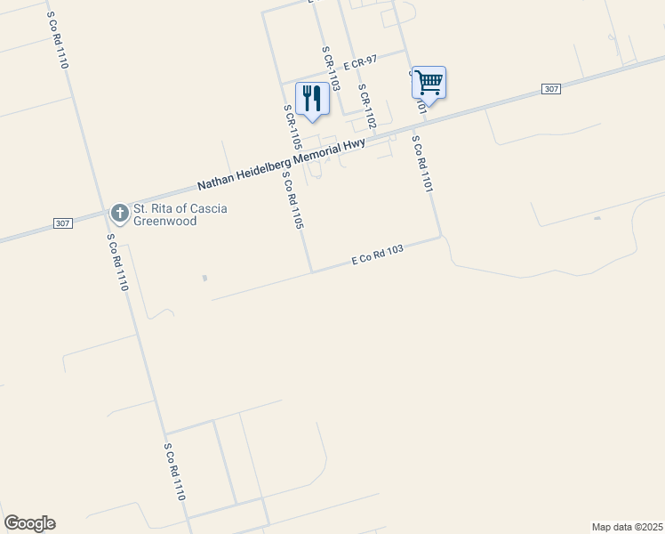 map of restaurants, bars, coffee shops, grocery stores, and more near East Co Road 103 in Midland County
