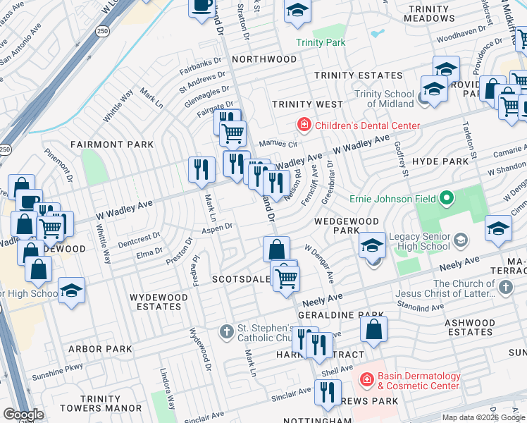 map of restaurants, bars, coffee shops, grocery stores, and more near 4310 Nelson Road in Midland