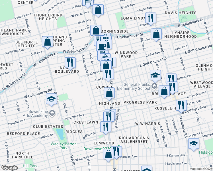 map of restaurants, bars, coffee shops, grocery stores, and more near 1700 Bryant Street in Midland