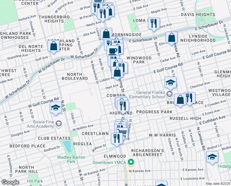 map of restaurants, bars, coffee shops, grocery stores, and more near 1700-1798 Bryant St in Midland