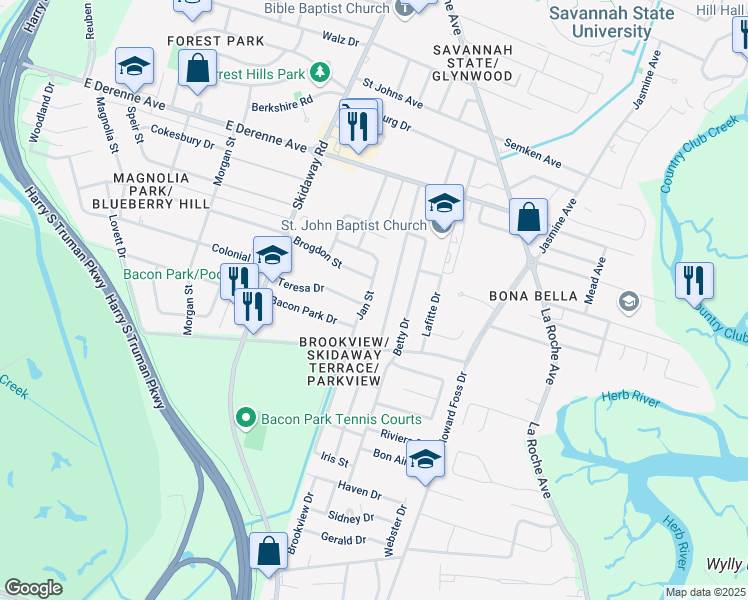 map of restaurants, bars, coffee shops, grocery stores, and more near 2159 Brogdon Street in Savannah