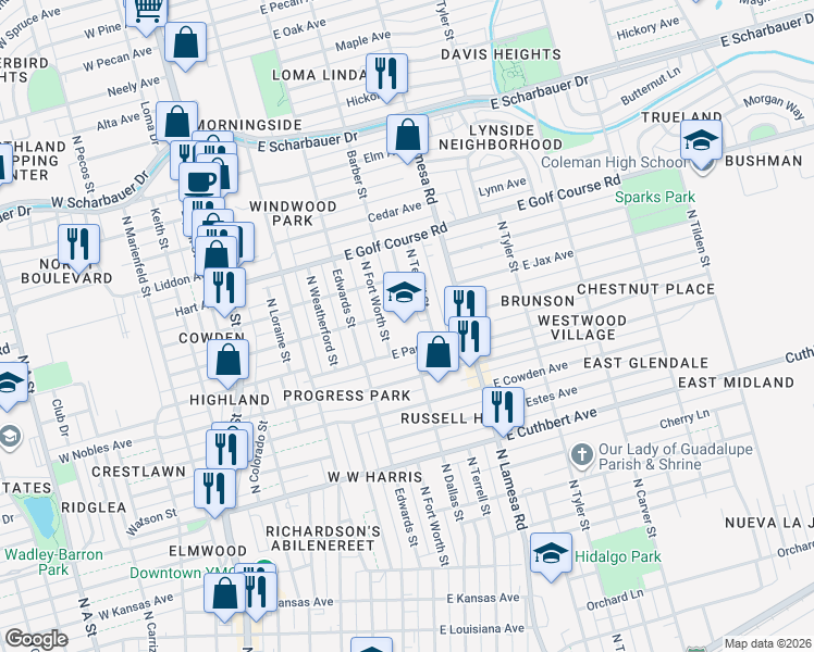 map of restaurants, bars, coffee shops, grocery stores, and more near 401 East Parker Avenue in Midland