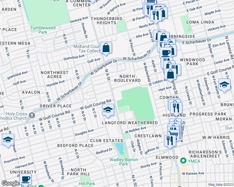 map of restaurants, bars, coffee shops, grocery stores, and more near 721-783 Boyd Avenue in Midland