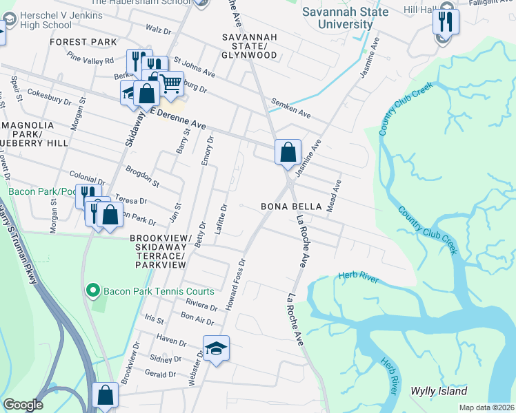 map of restaurants, bars, coffee shops, grocery stores, and more near 5505 Jasmine Avenue in Savannah