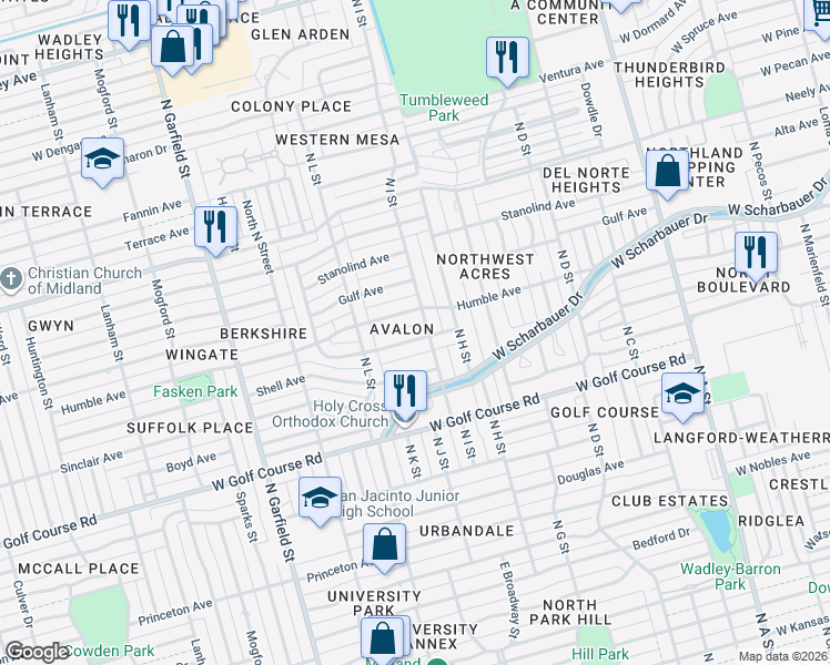 map of restaurants, bars, coffee shops, grocery stores, and more near 1902 North I Street in Midland