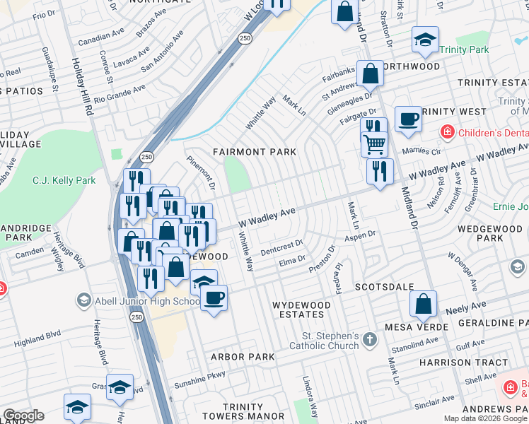 map of restaurants, bars, coffee shops, grocery stores, and more near 3304 Oakmont Drive in Midland