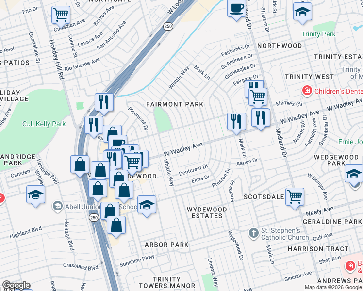 map of restaurants, bars, coffee shops, grocery stores, and more near 3304 Oakmont Drive in Midland