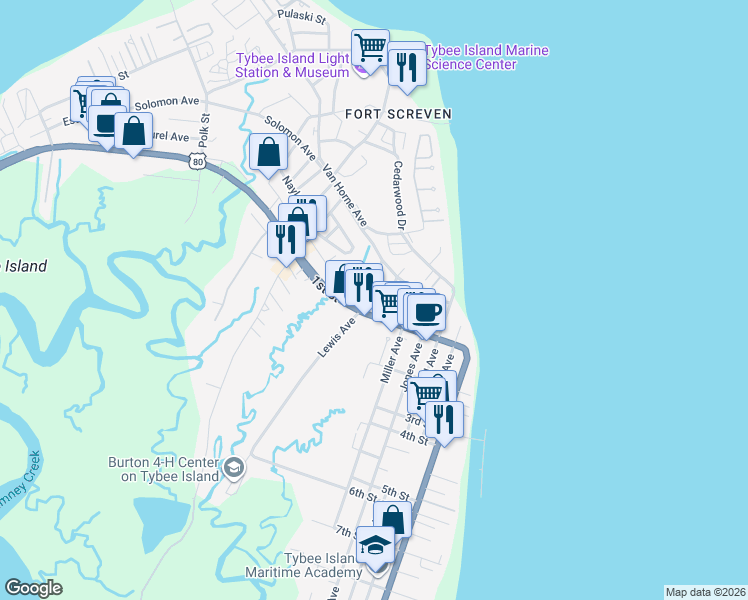 map of restaurants, bars, coffee shops, grocery stores, and more near 11 6th Avenue in Tybee Island