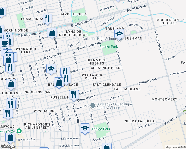 map of restaurants, bars, coffee shops, grocery stores, and more near in Midland