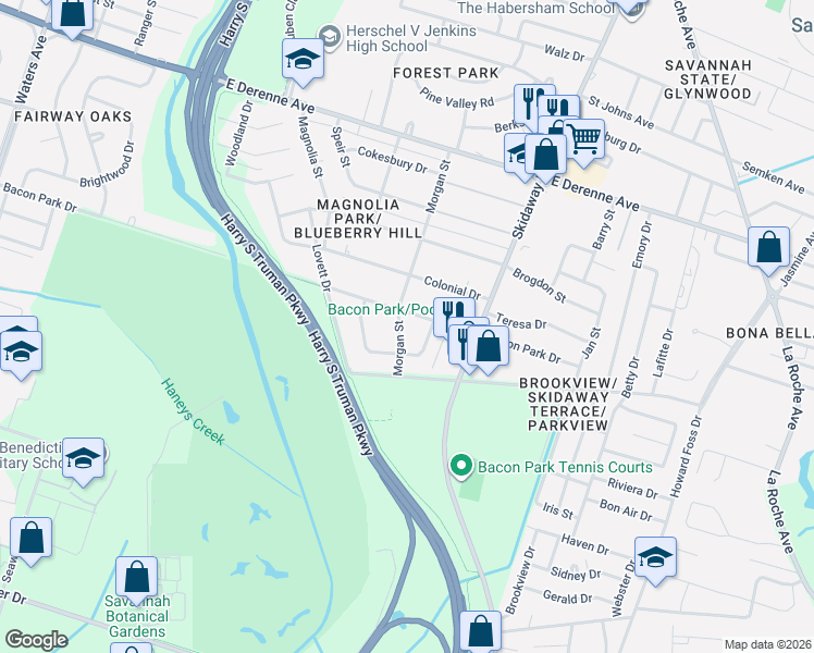 map of restaurants, bars, coffee shops, grocery stores, and more near 5701 Morgan Street in Savannah