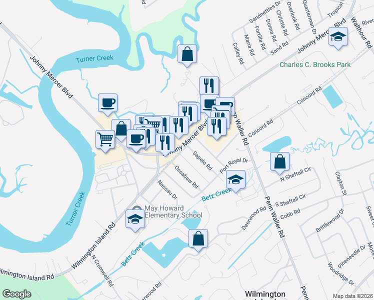 map of restaurants, bars, coffee shops, grocery stores, and more near 1 Sapelo Road in Savannah