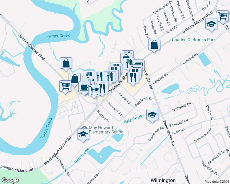 map of restaurants, bars, coffee shops, grocery stores, and more near 1 Sapelo Road in Savannah